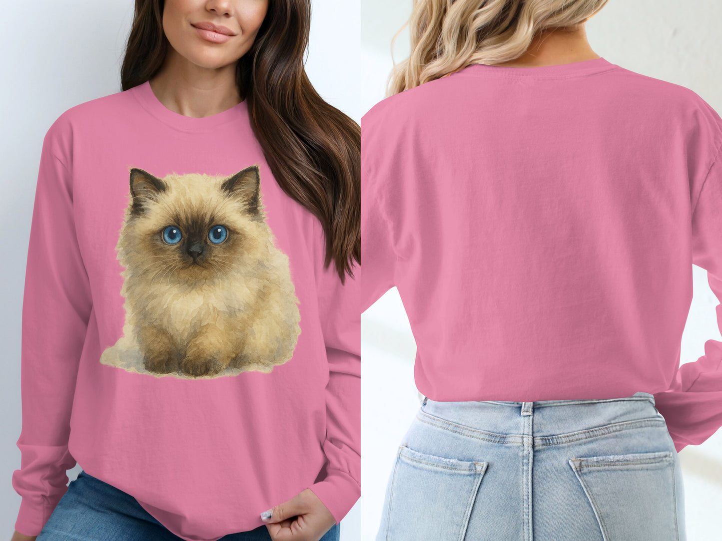 Adorable Fluffy Kitten Print on Pink Long Sleeve T-Shirt Product