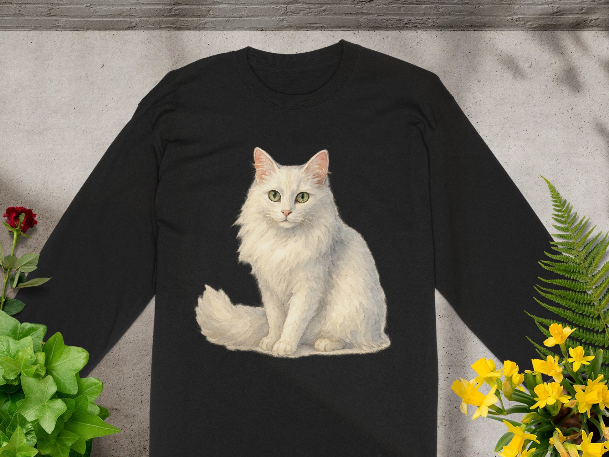Cute White Cat Illustration on Black Long Sleeve product type
