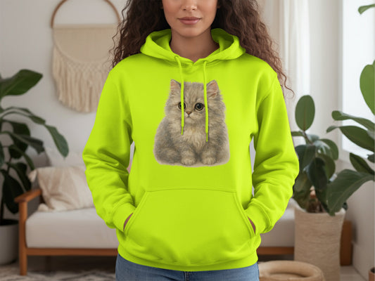 Cozy Bright Green Hoodie with Cute Kitten Print product type