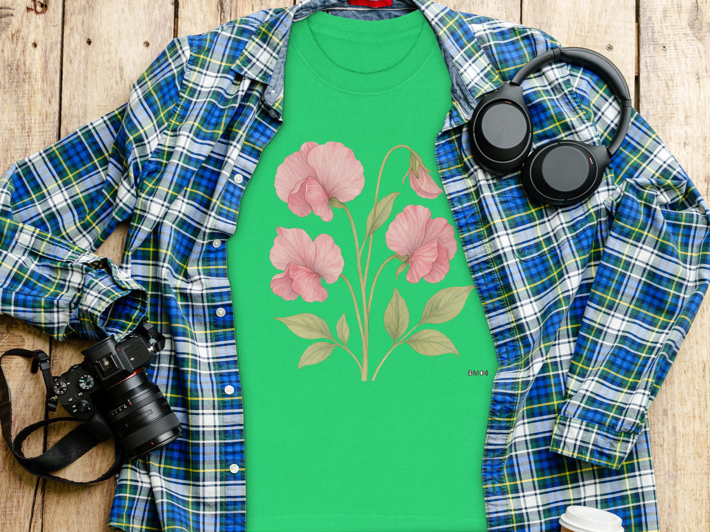 Green T-shirt with Pink Flowers and Leaves Graphic product type