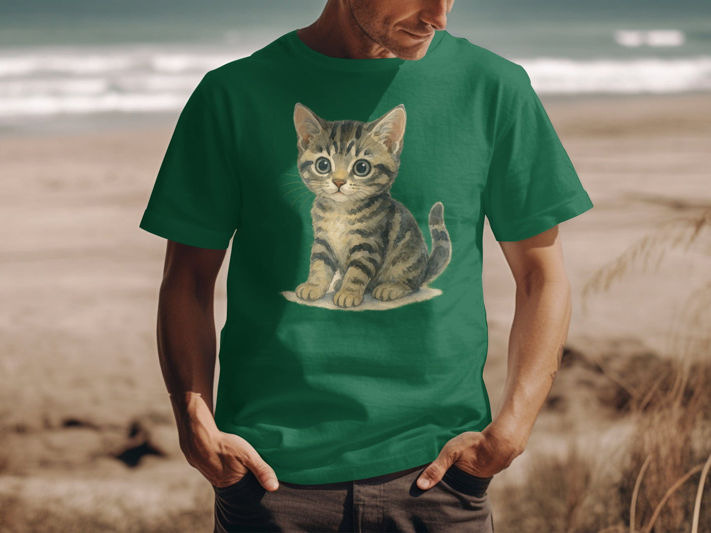 Cute Kitten Graphic Print Green Tee Shirt product type