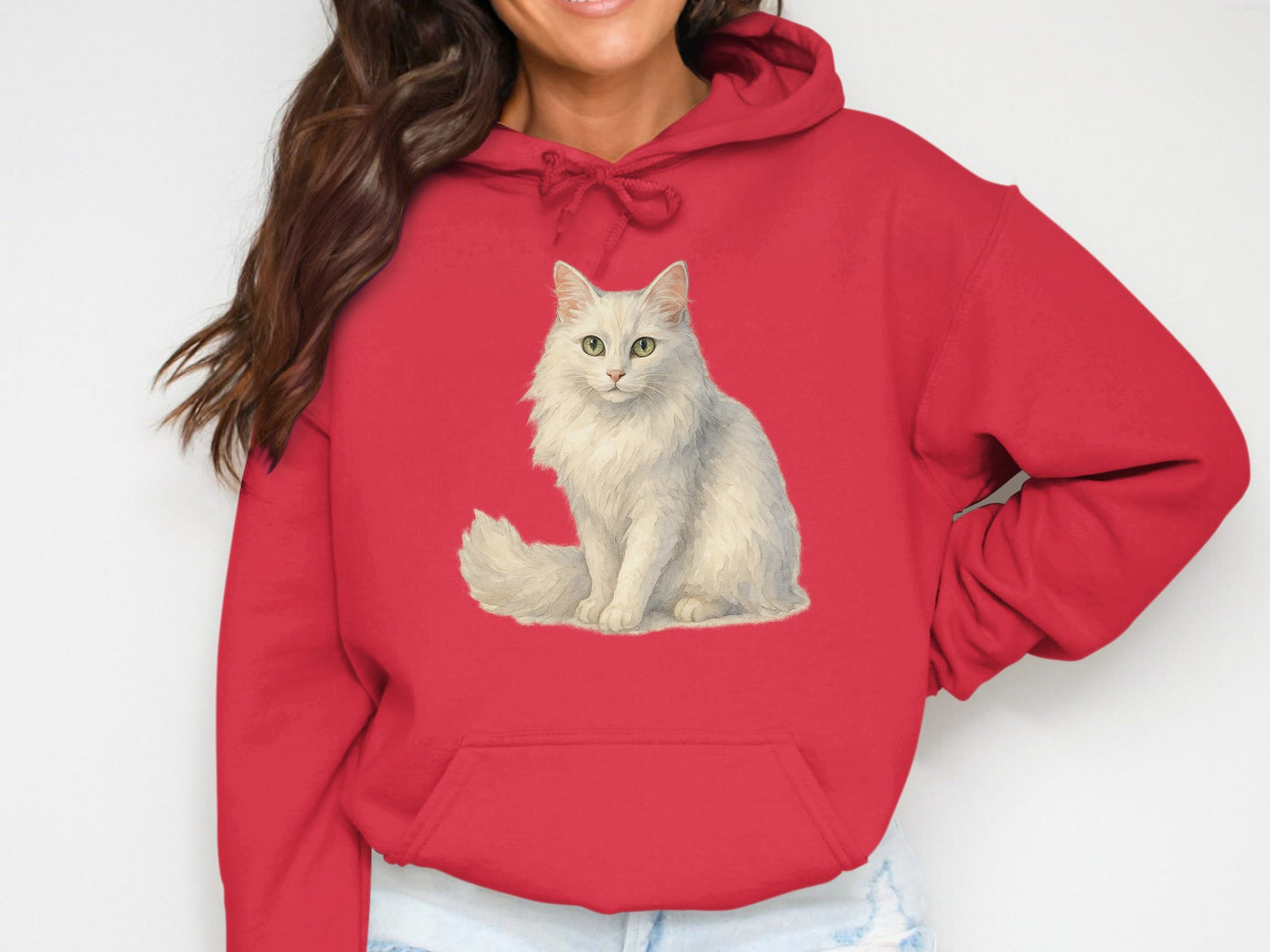 Cozy red hoodie featuring fluffy white cat graphic product type