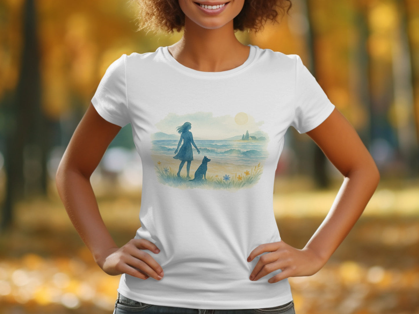 Woman Walking with Dog in Autumn Landscape Shirt product