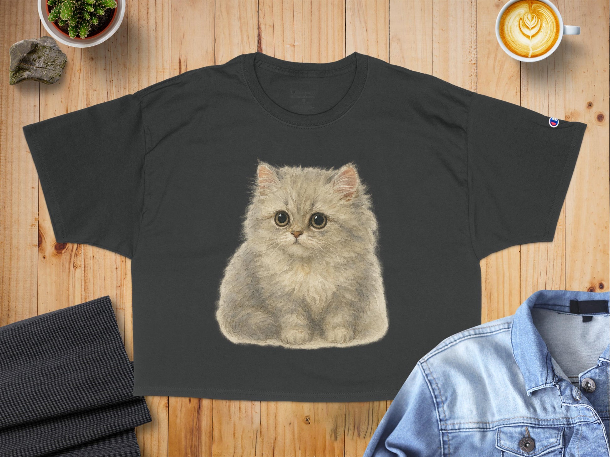 Cute Fluffy Kitten Graphic Print Black T-shirt product