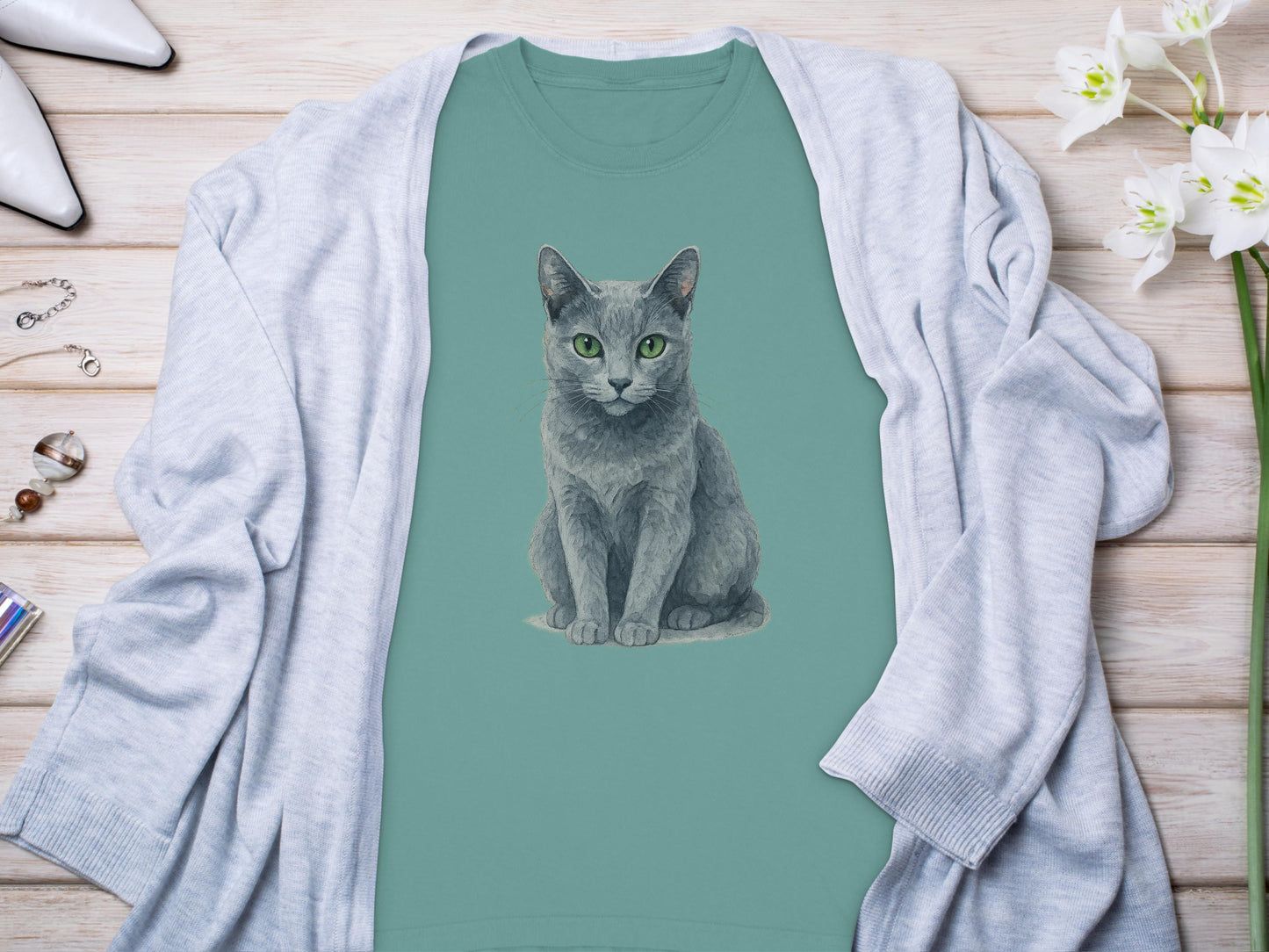 Cute Green Eyed Gray Cat Art Printed T-shirt product