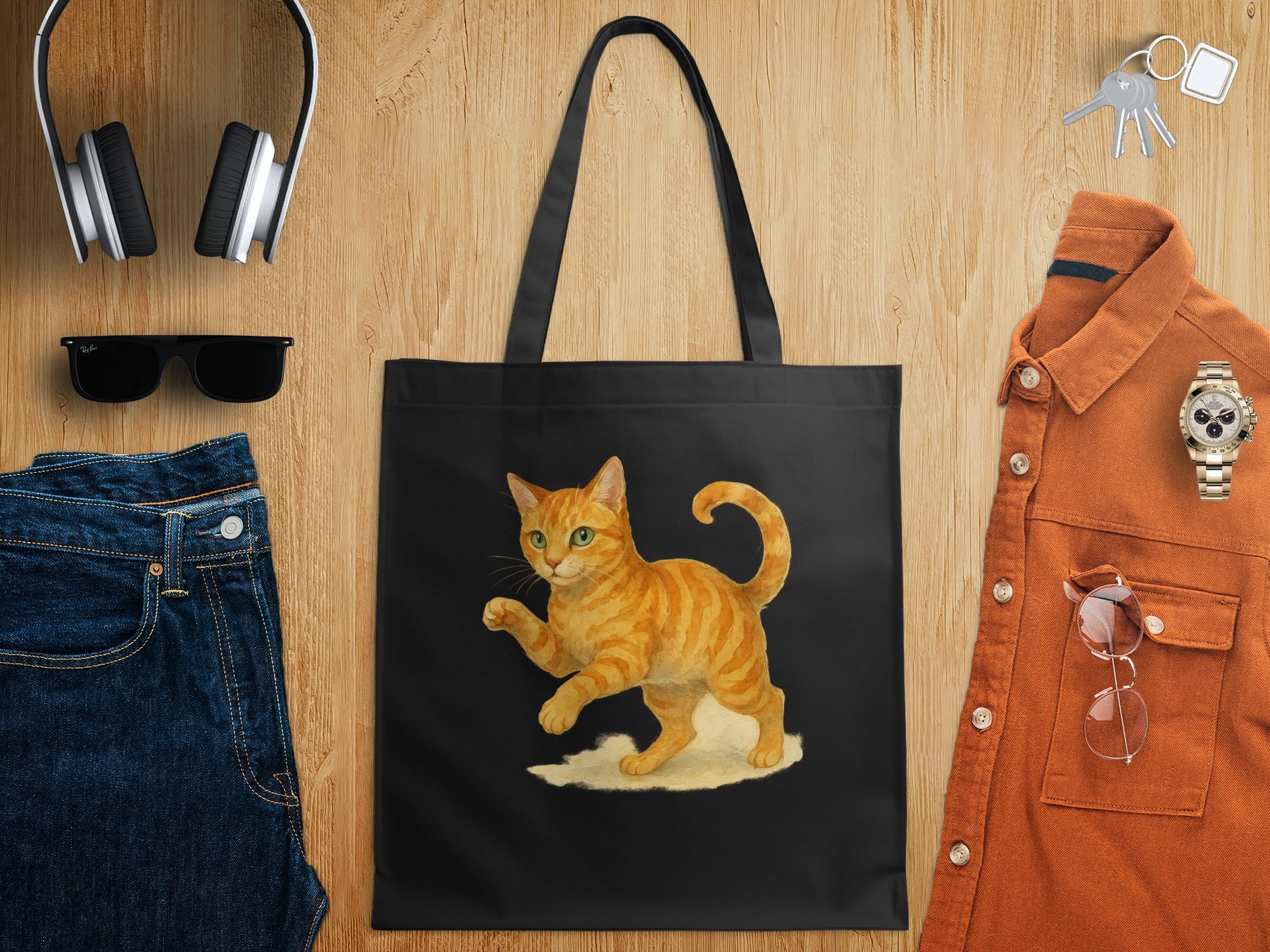 Orange Cat on Black Tote Bag with Handles product