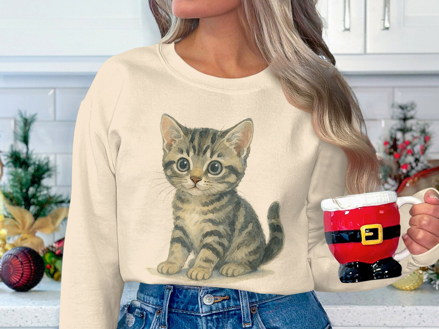 Cute Kitten Print Cozy Winter Holiday Sweatshirt product