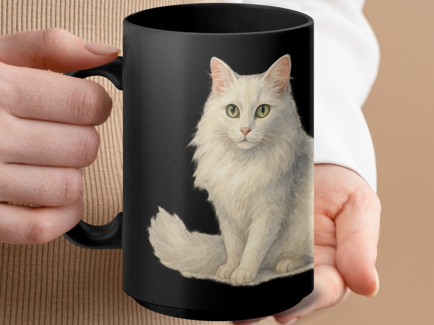 White Fluffy Cat Design Black Coffee Mug Product Type
