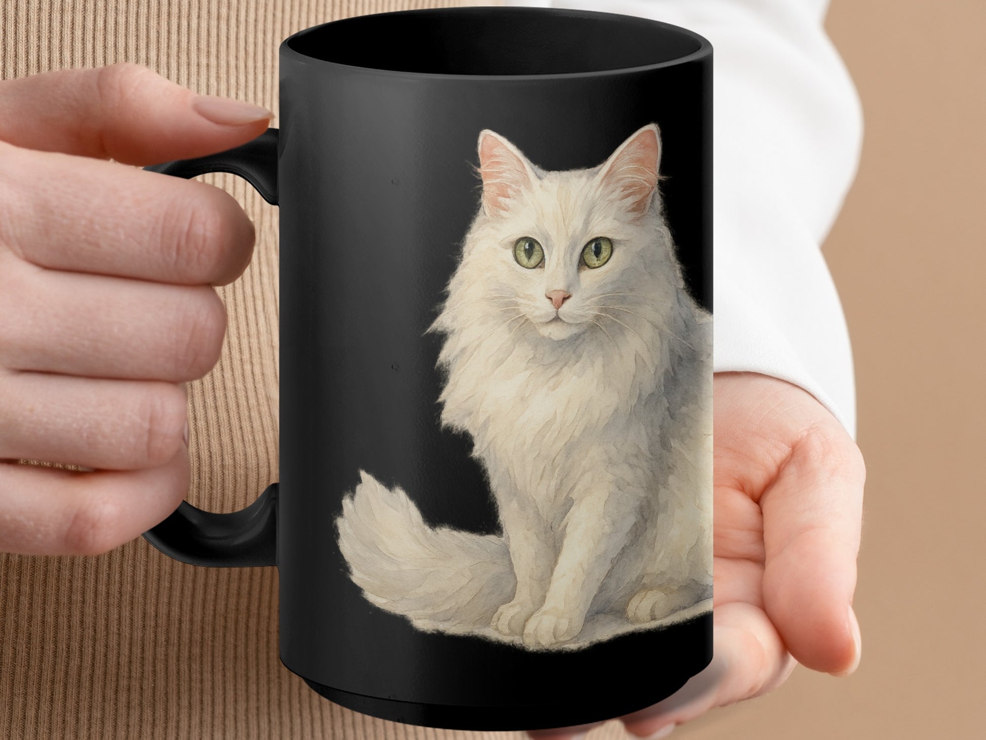 White Fluffy Cat Design Black Coffee Mug Product Type
