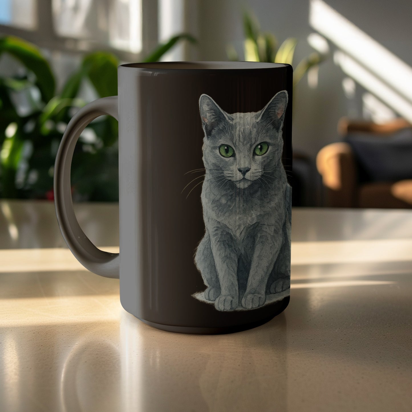 Charming Grey Cat Illustration on Black Mug product