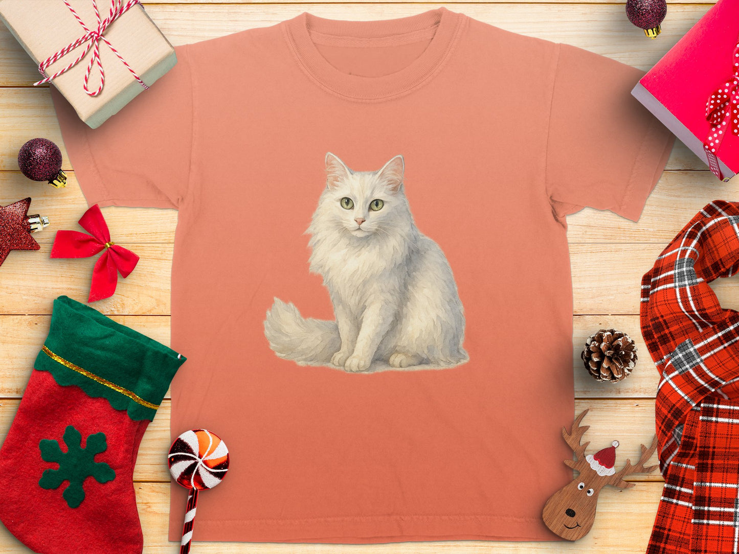 Festive Cat Print Tee Shirt for Holiday Season product type