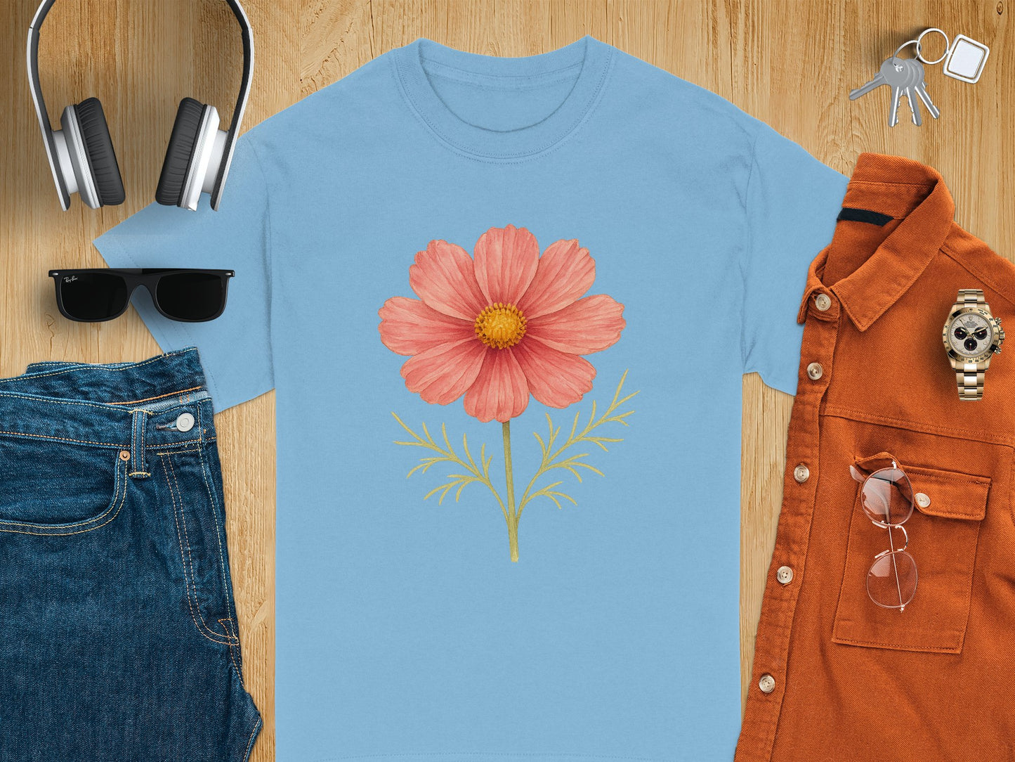 Beautiful Red Flower Print on Blue T-Shirt product type