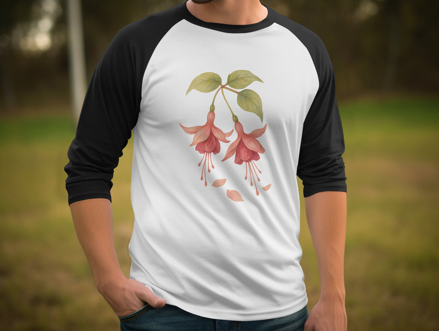 Fuchsia Floral Design Graphic on Raglan Sleeve Shirt product