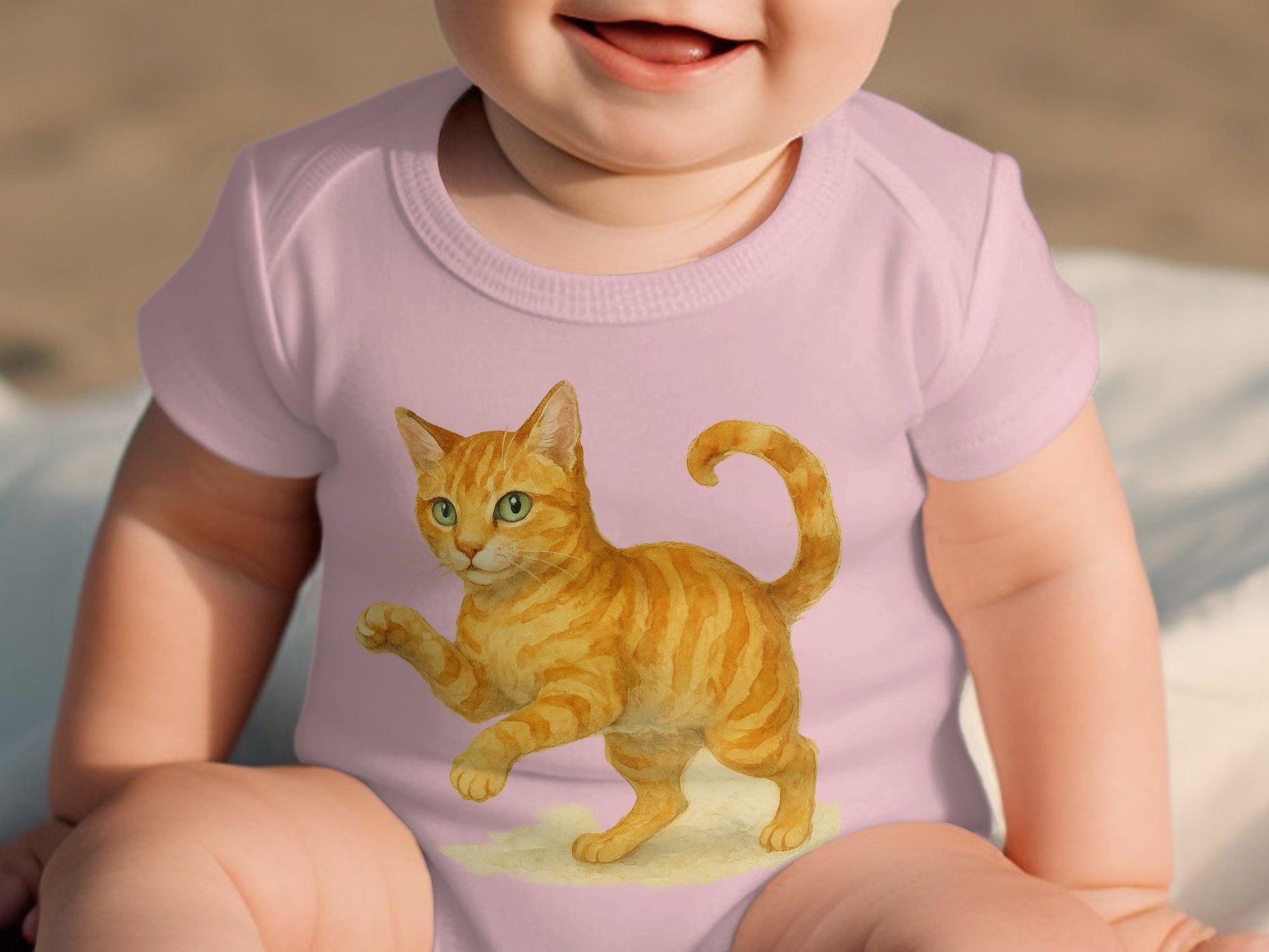 Cute Smiling Infant with Playful Cat Design product type