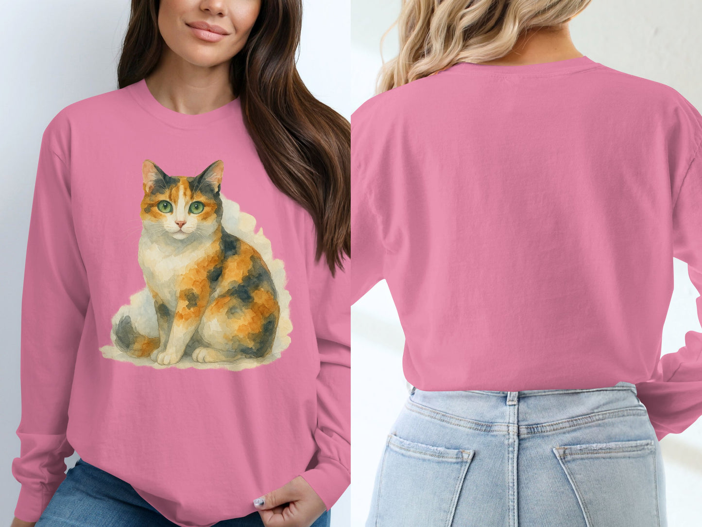 Stylish Pink Long Sleeve Cat Print Shirt Product