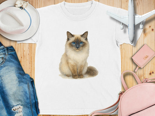 Fluffy Blue-Eyed Cat Printed White T-Shirt product type