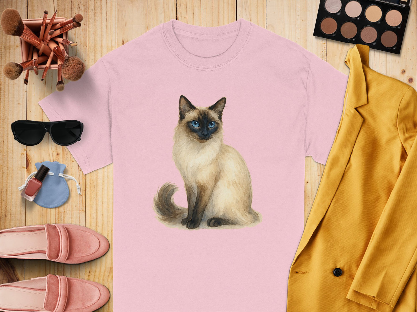 Cute Siamese Cat Illustration on Pink Shirt product type