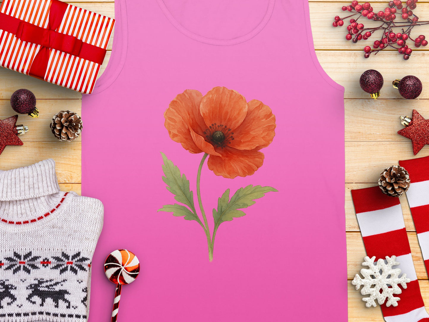Pink Tank Top with Red Flower Festive Holiday Product