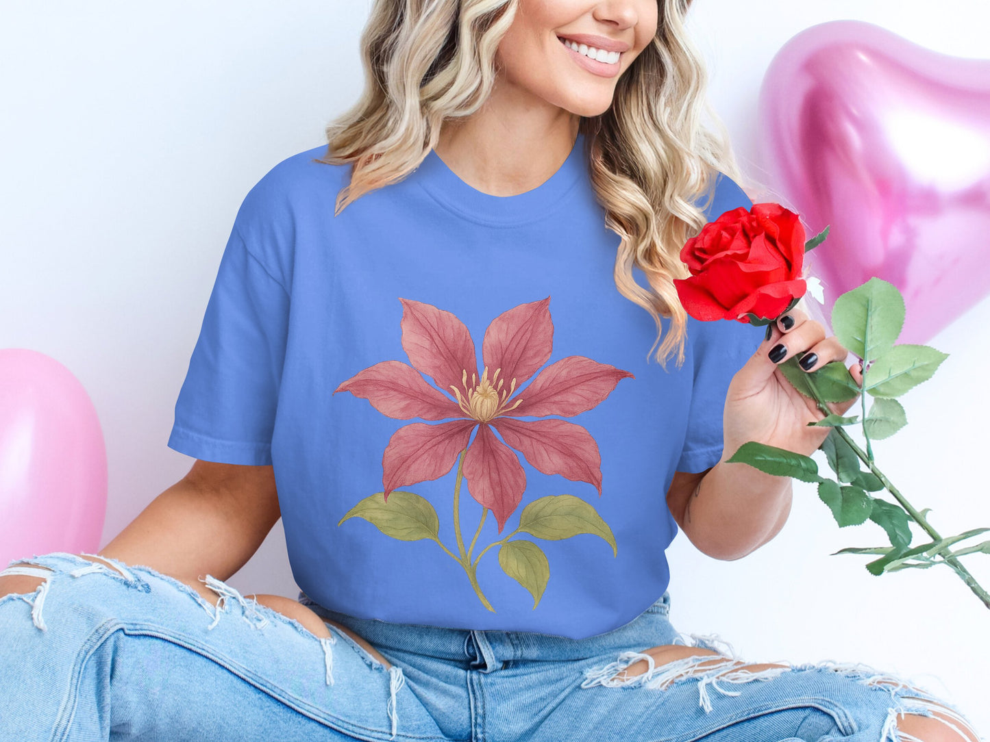 Women's Blue Tee Featuring Large Floral Graphic product type