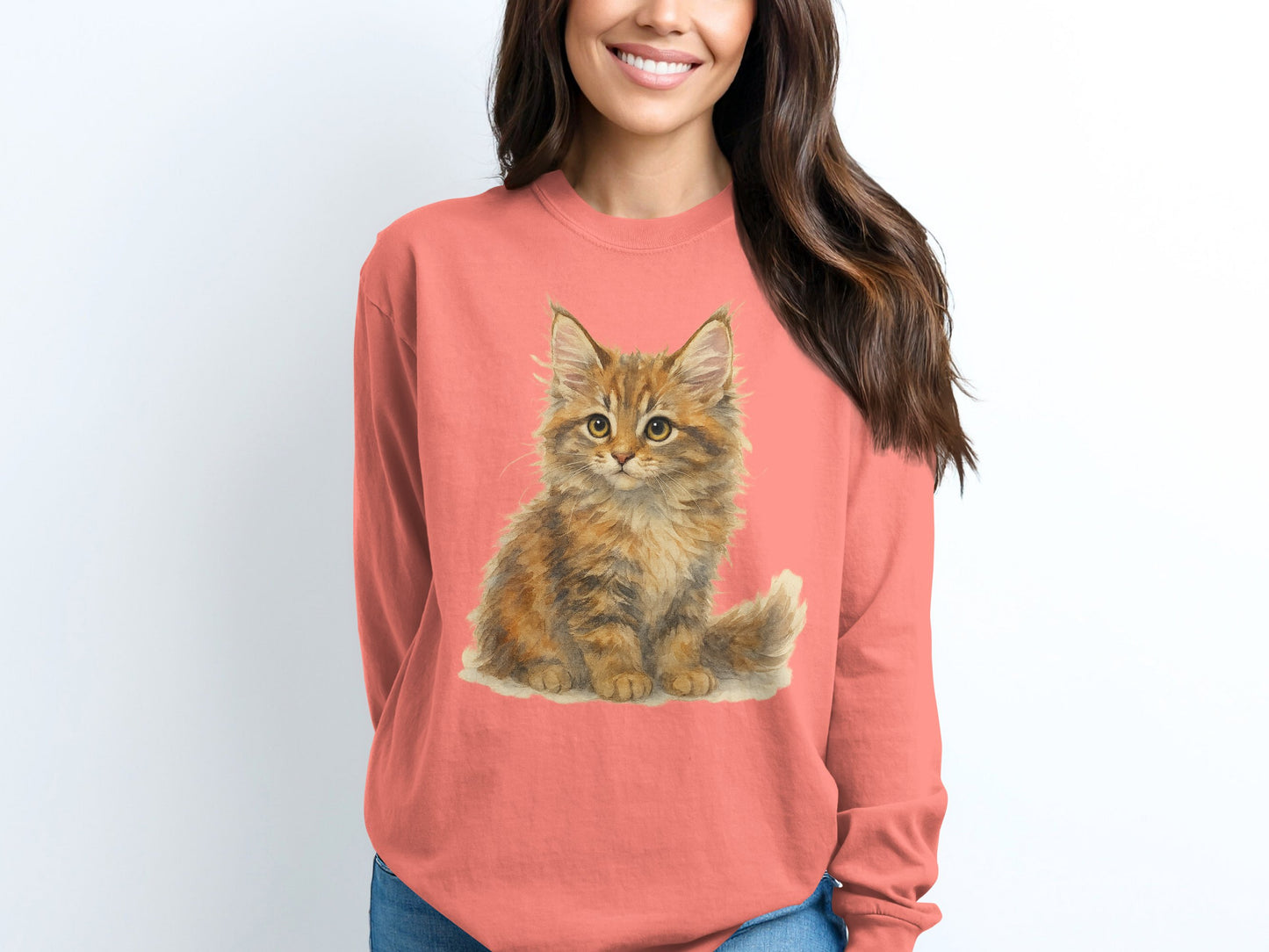 Cute Cat Illustration on Pink Long Sleeve Shirt product type