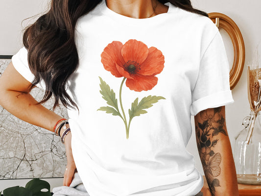 Red Poppy Flower Print White Unisex Casual T-shirt product