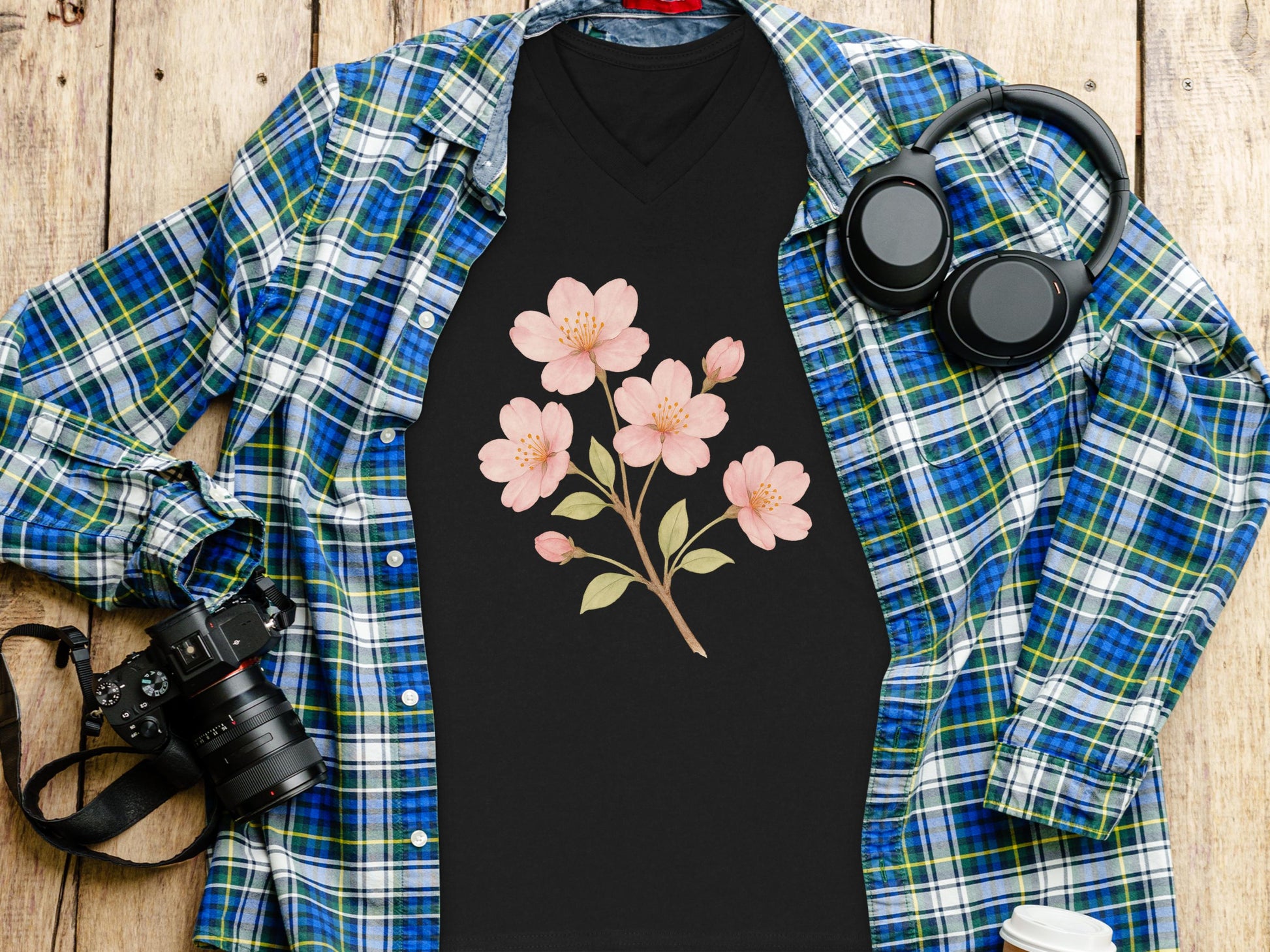 Beautiful pink flower with leaves black t-shirt product