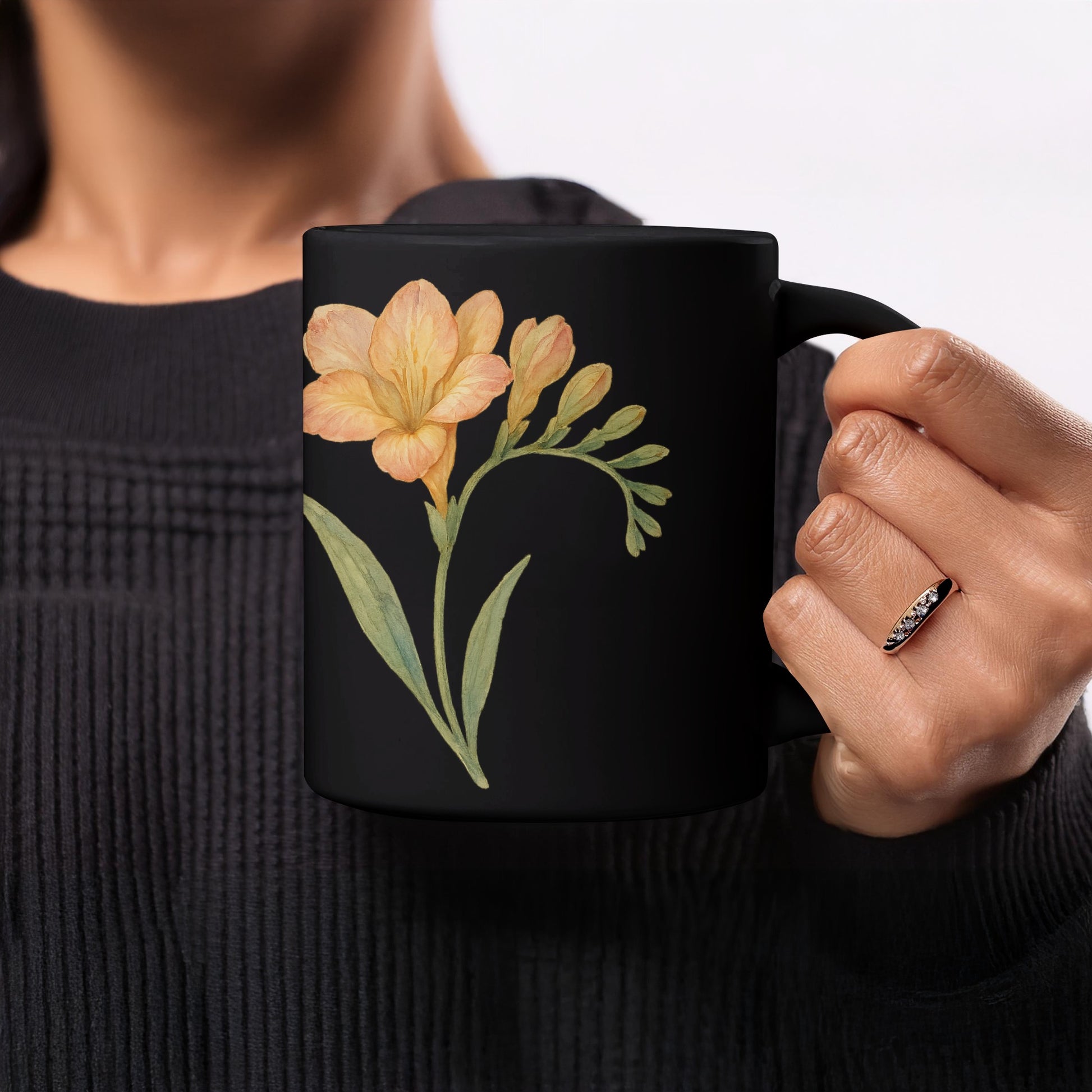 Floral Yellow and Green Design on Black Mug product type