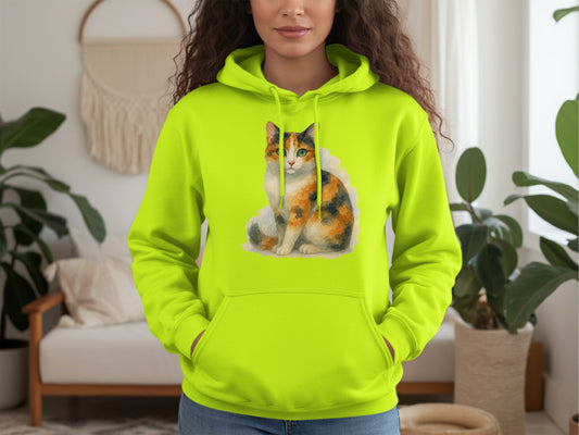 Colorful Calico Cat Design on Lime Hoodie product
