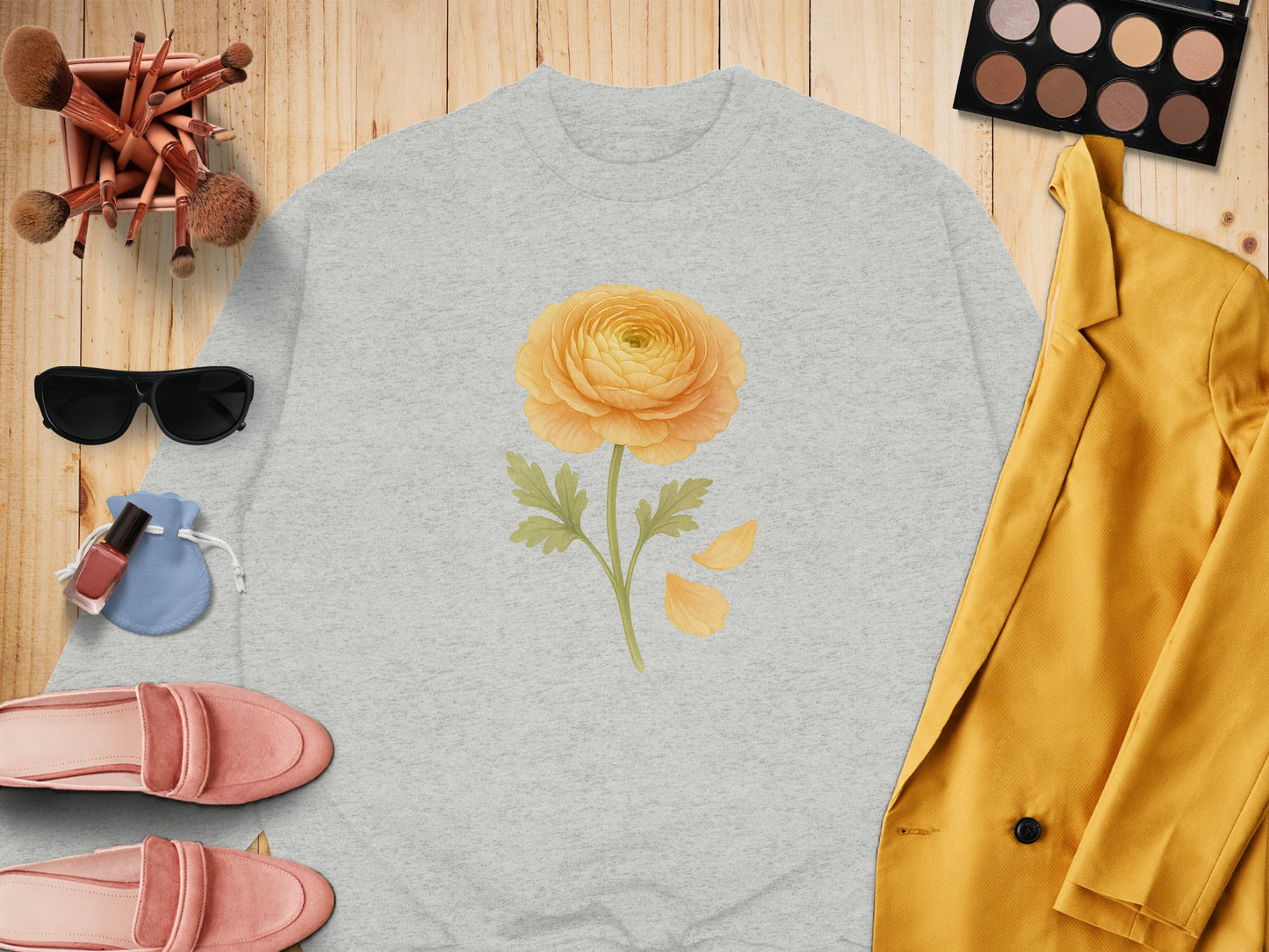 Yellow Flower Graphic with Petals on Grey clothing product