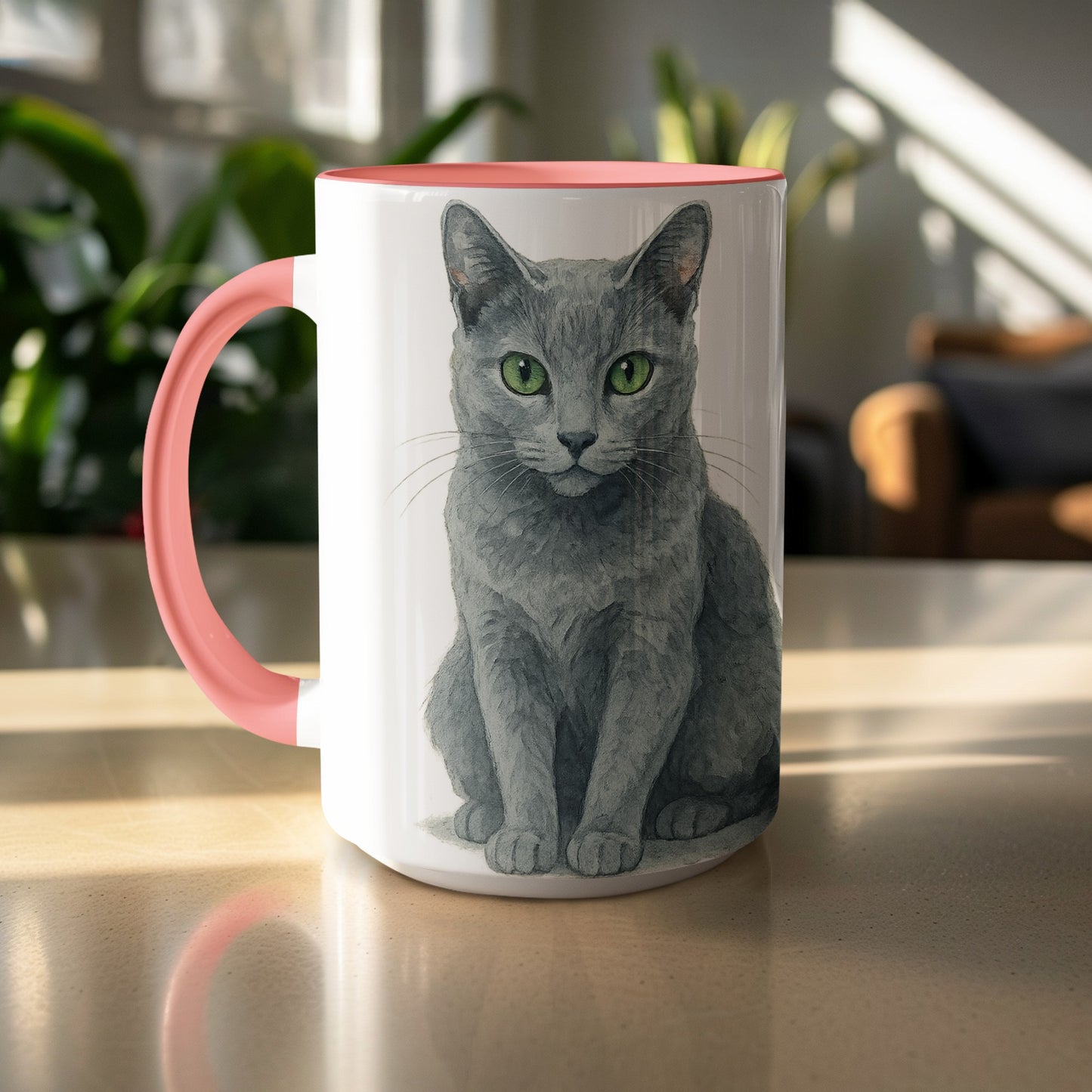 Green Eyed Cat Print White and Pink Mug product type