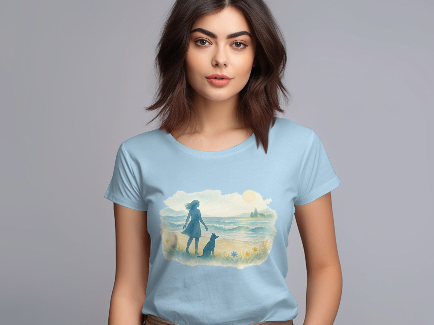 Scenic Beach Walk Design Soft Blue Shirt product