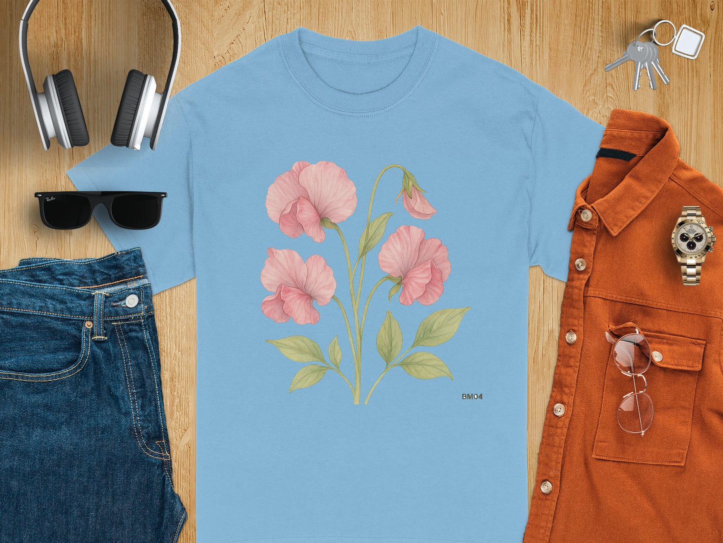 Floral Bloom Design on Blue T-Shirt product type
