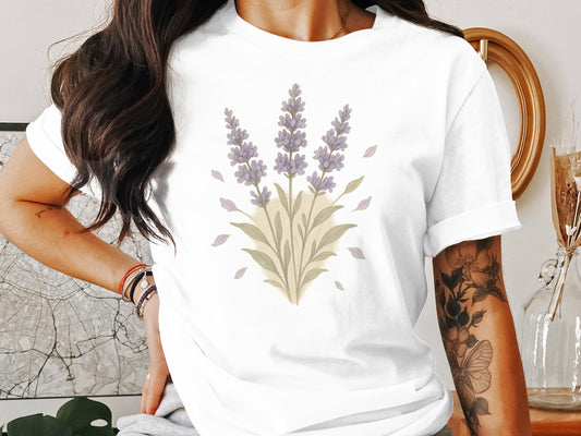 Elegant Lavendar Floral Design on White Shirt product type