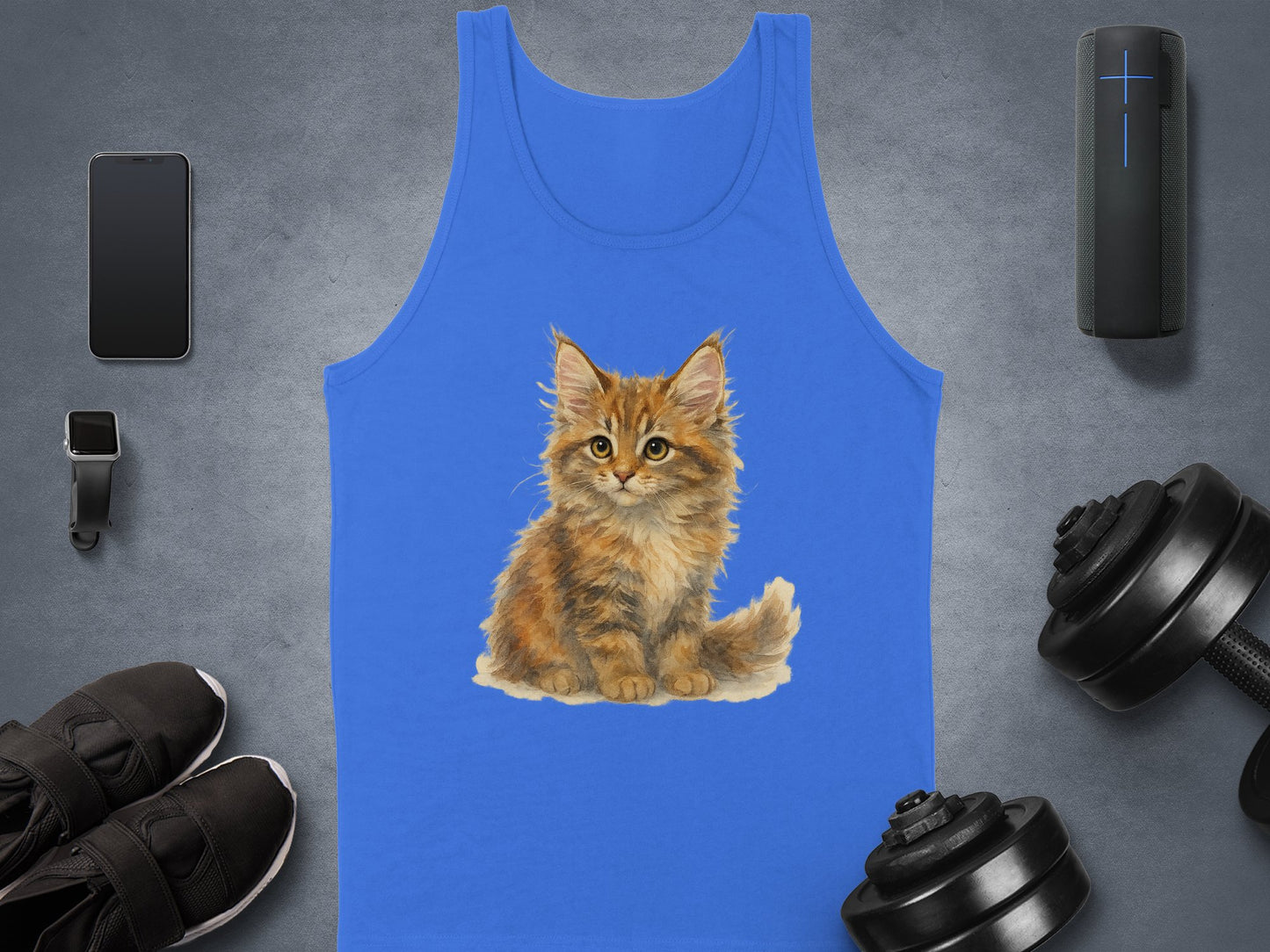 Cute Fluffy Kitten Print on Blue Unisex Tank Top product type