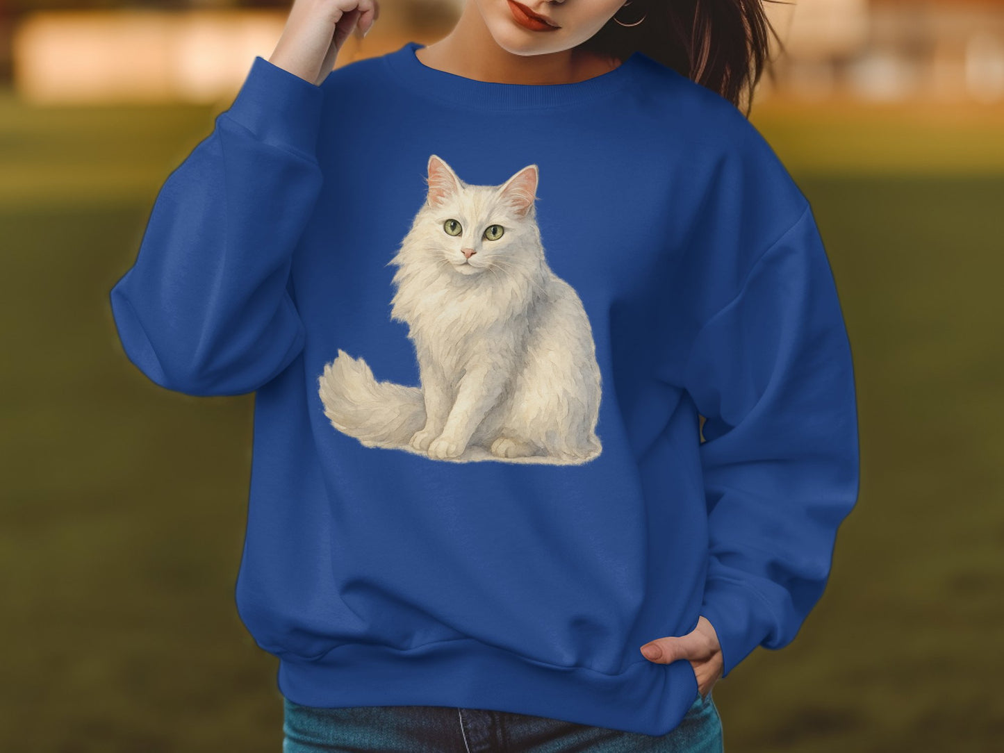 White Cat Print Blue Crewneck Sweatshirt product