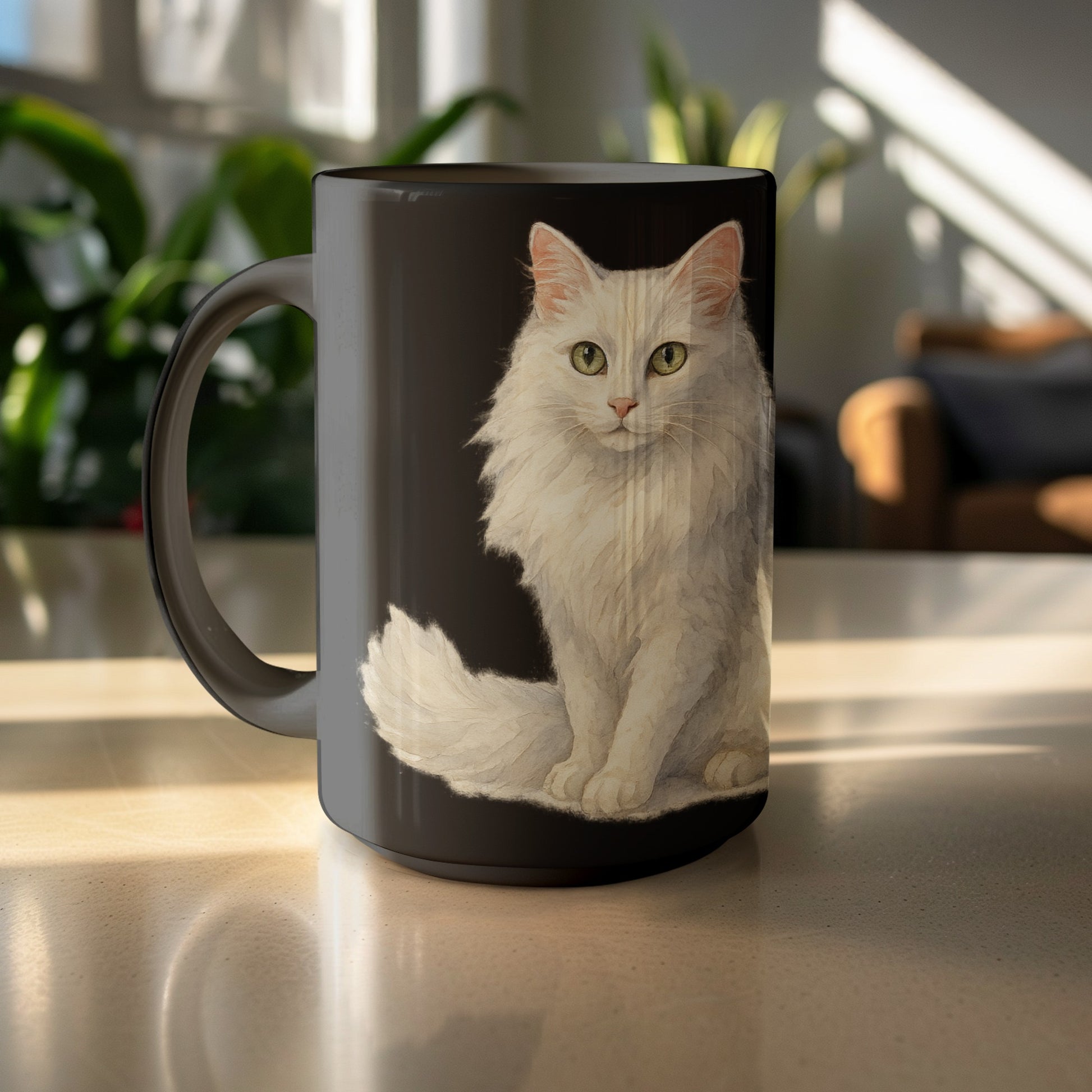Realistic Fluffy White Cat Print Black Mug product