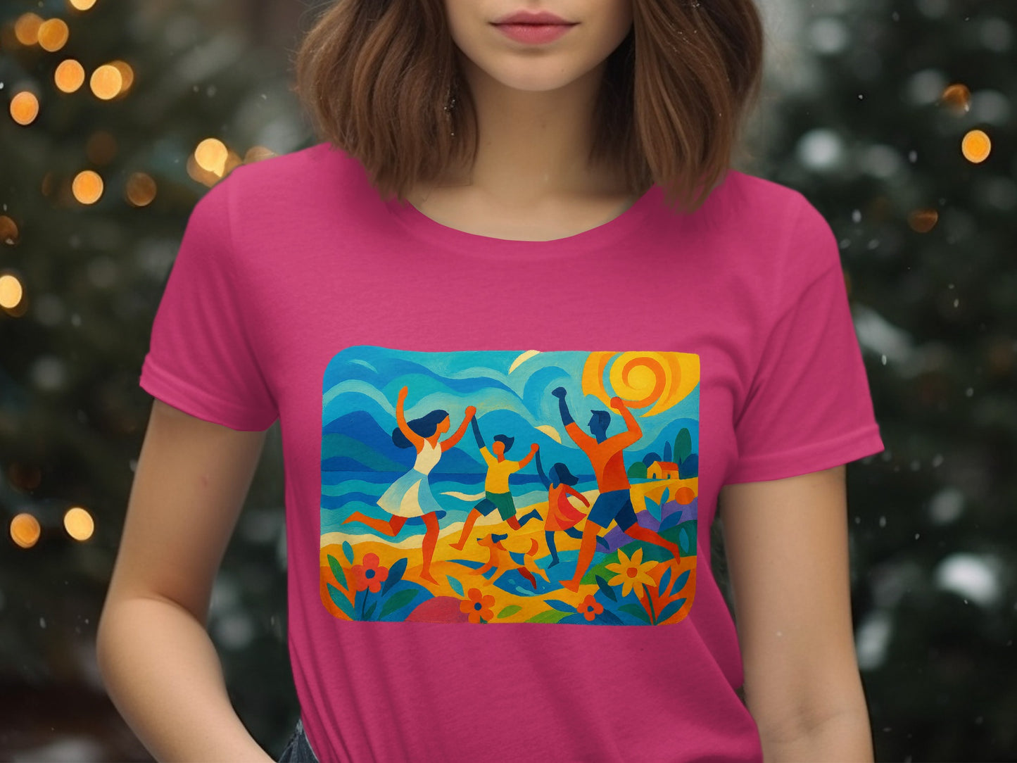 Vibrant illustrated dance scene short sleeve shirt product type