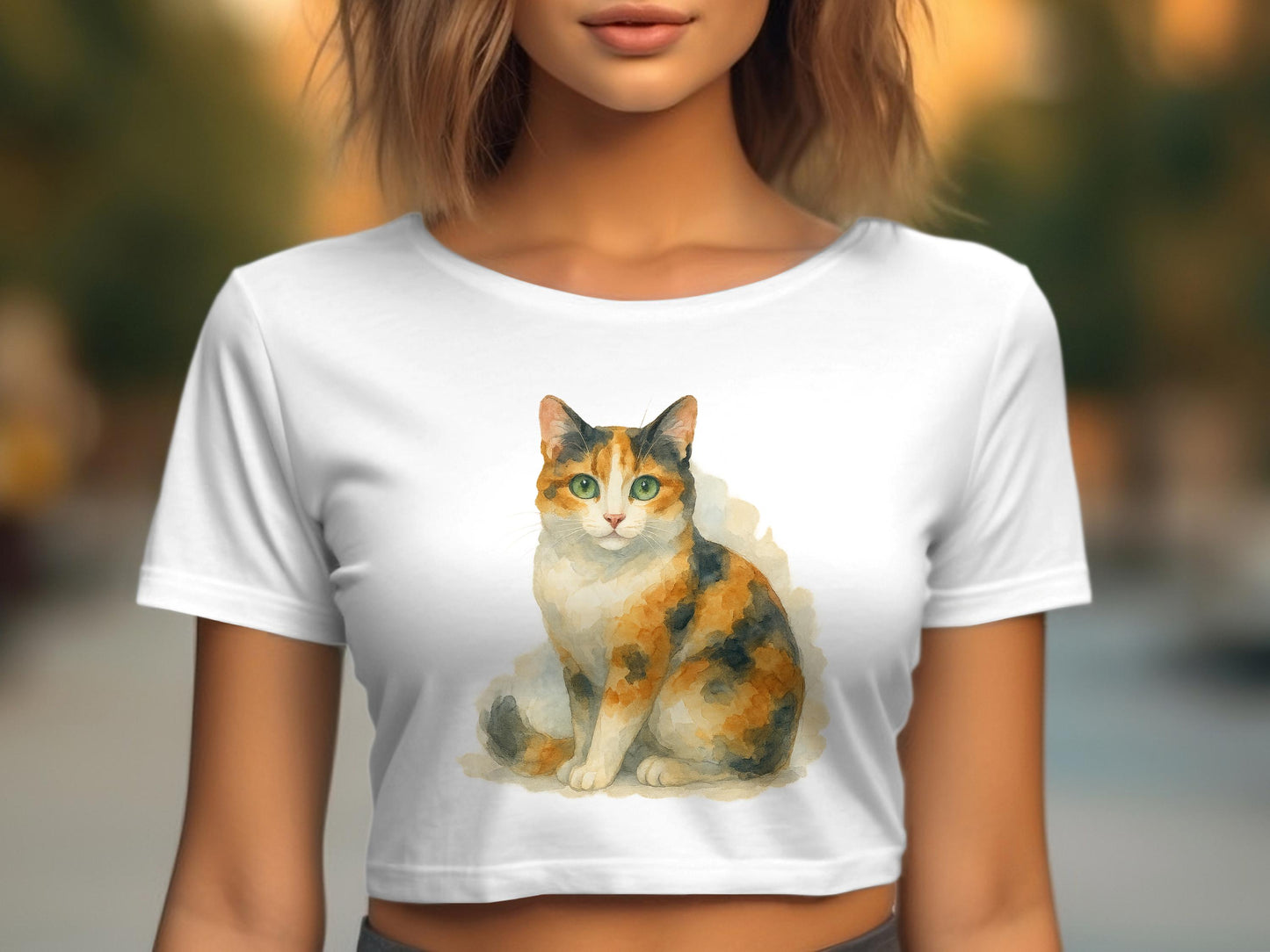 Realistic Calico Cat Print White Crop Top product