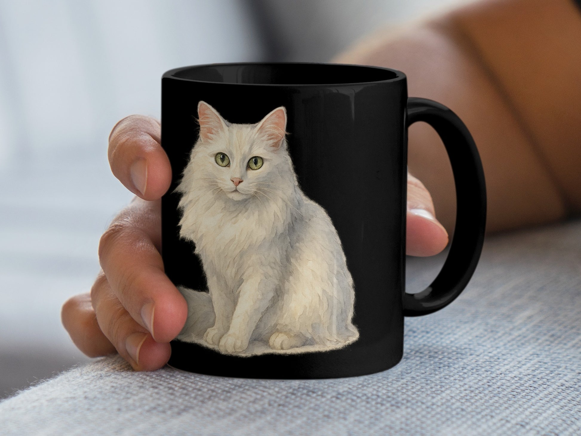Cute White Cat Illustration on Black Mug product