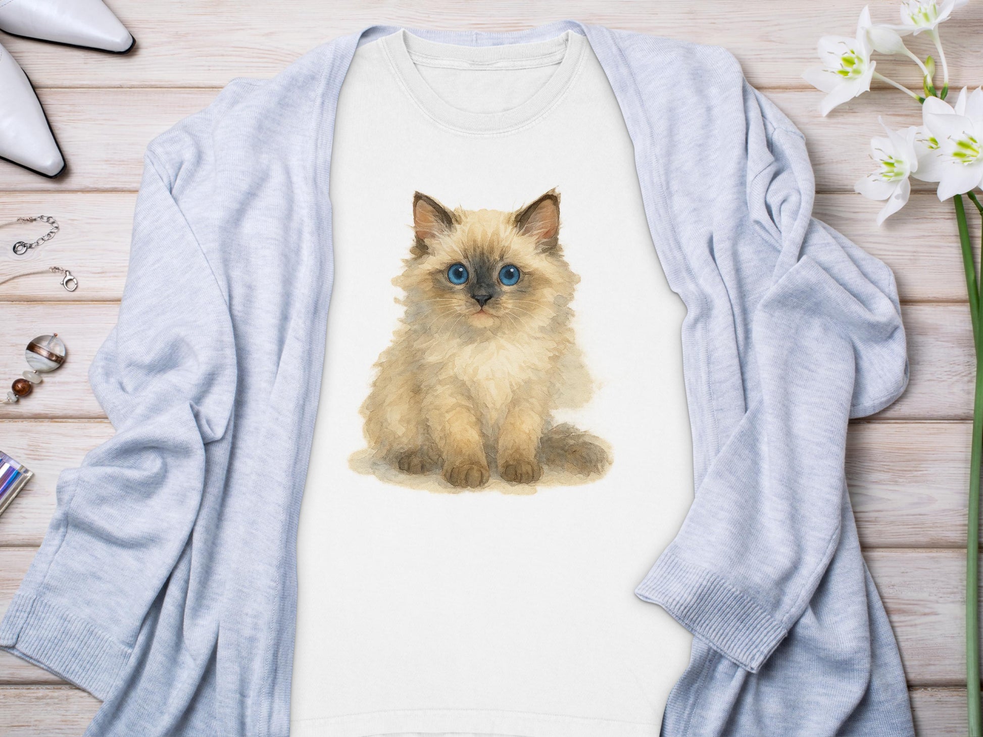 Cute Fluffy Kitten Illustration on White T-Shirt product