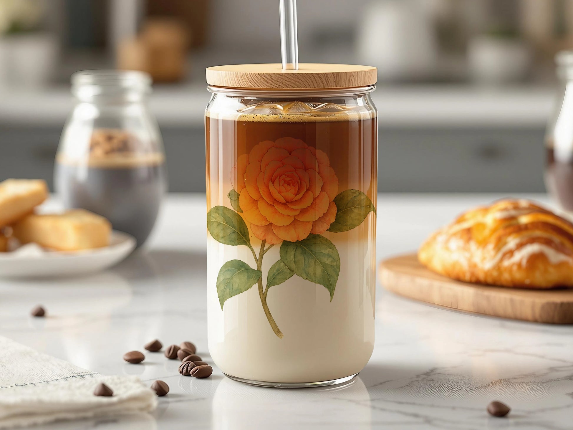 Floral Design Iced Coffee Glass Jar with Lid product