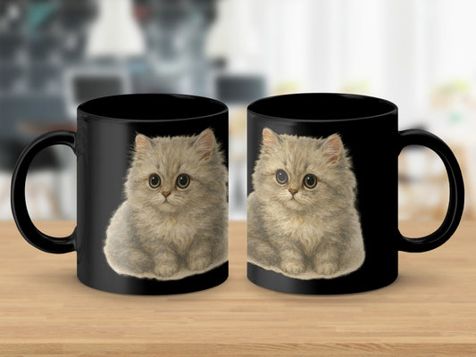 Cute Fluffy Kitten Artwork on Black Mug product type