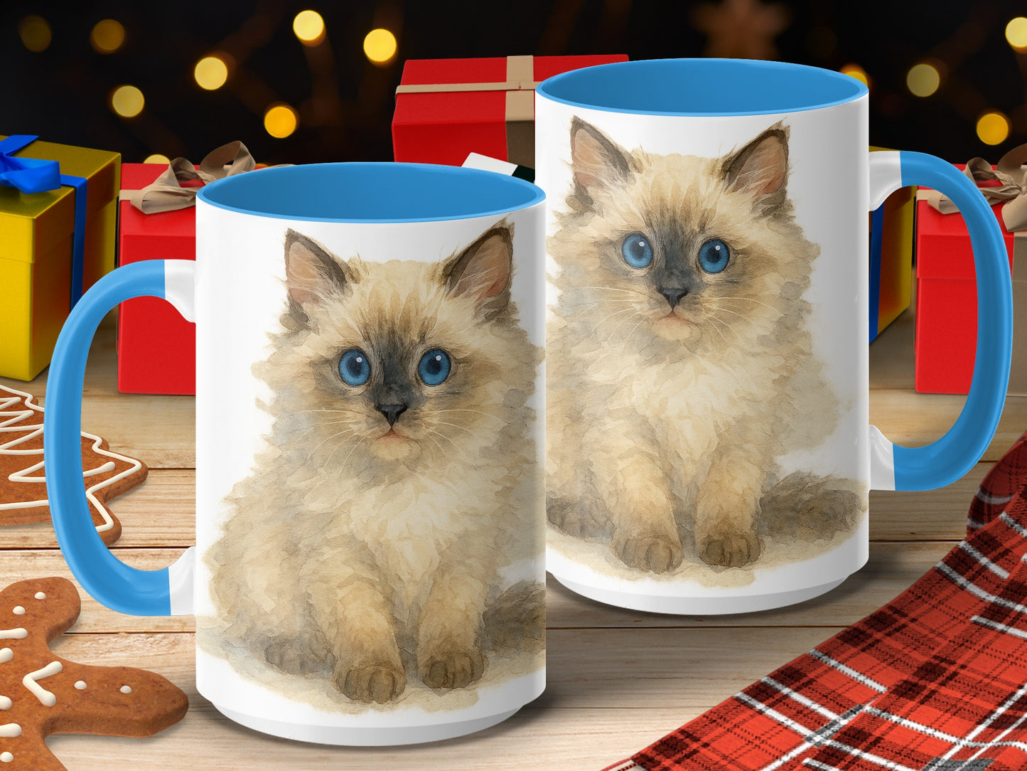 Cute Fluffy Kitten Design Blue Handle Mug Product
