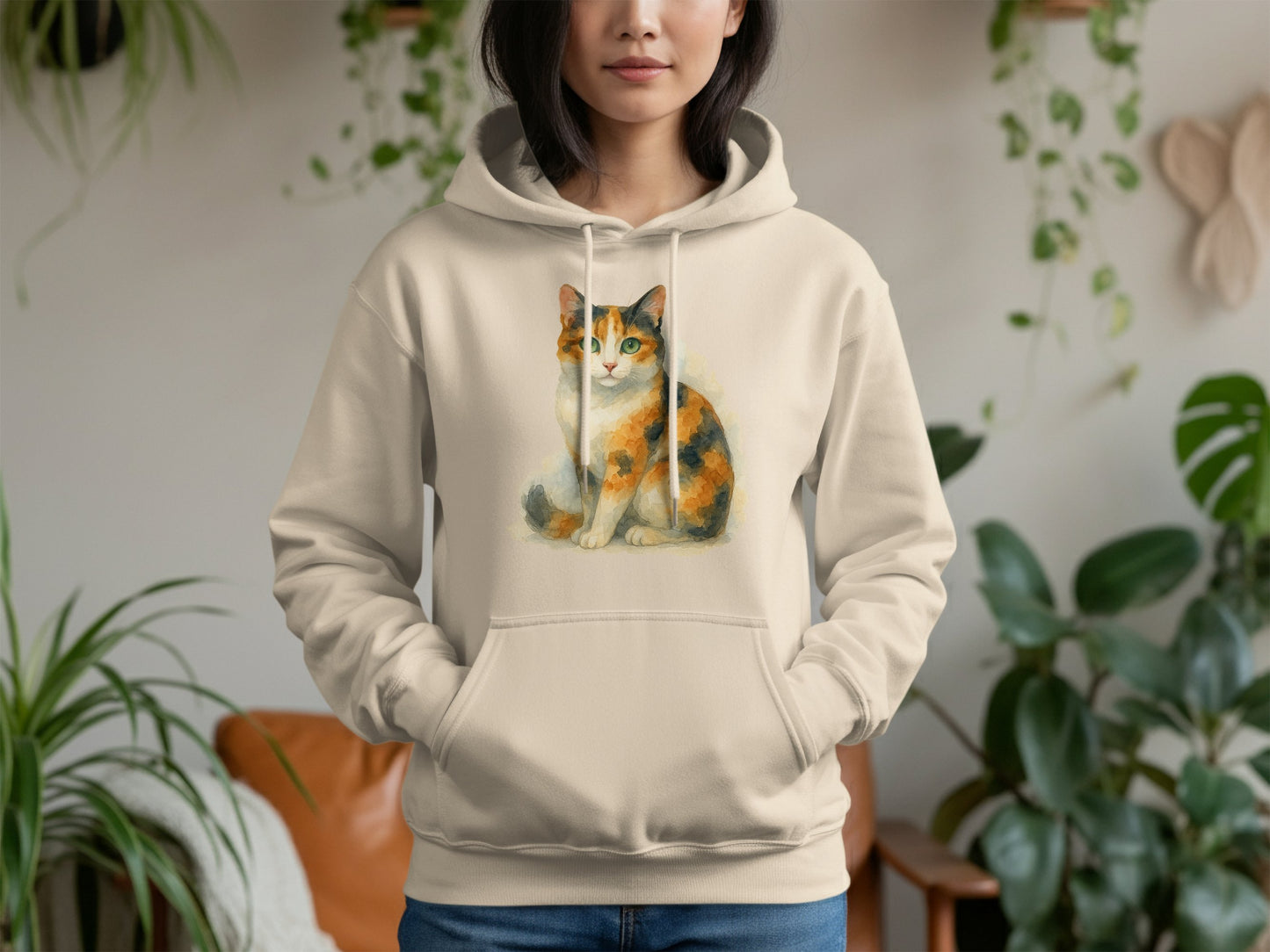 Adorable Calico Cat Print Beige Hooded Sweatshirt product type