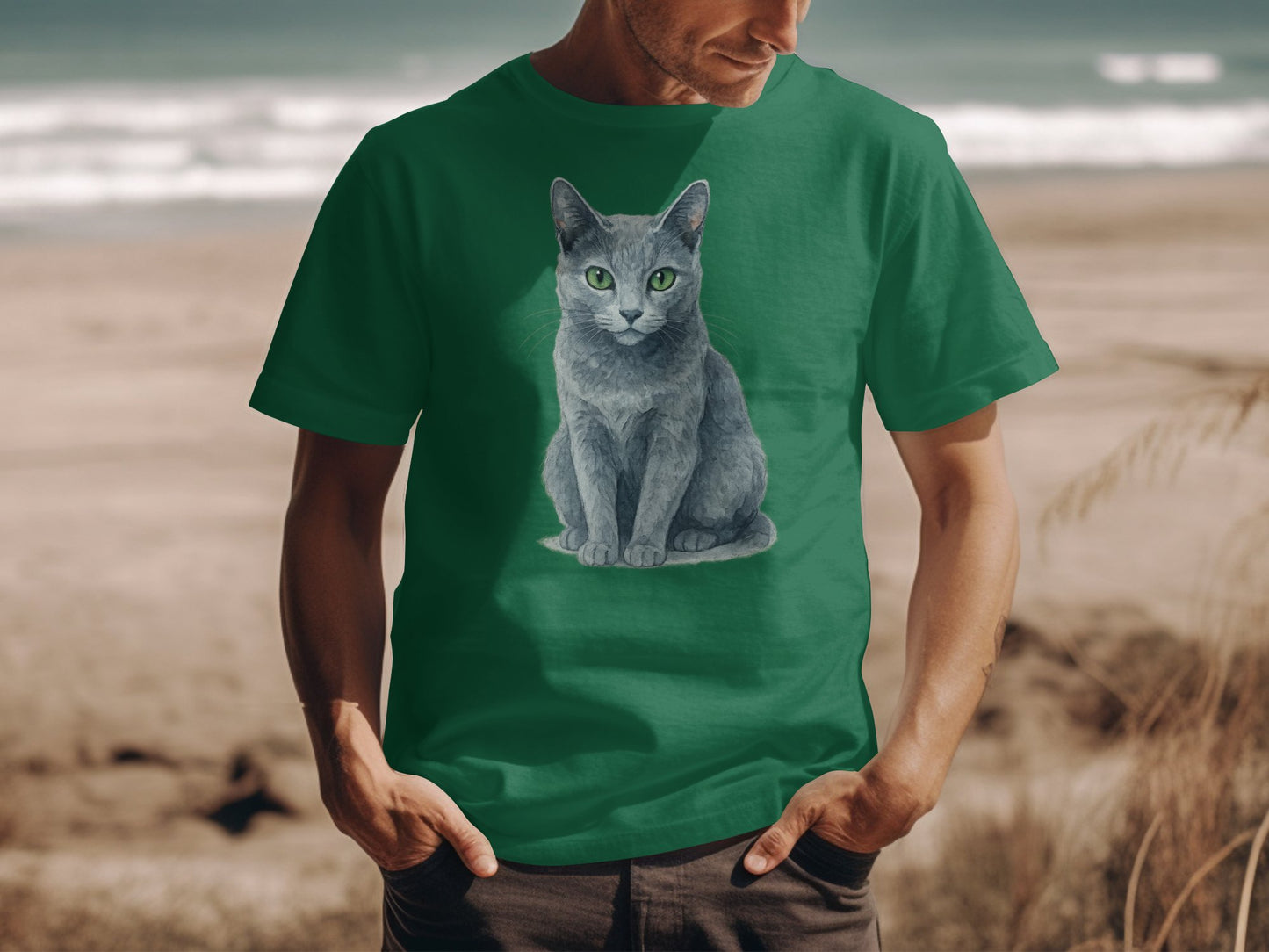 Green Tee with Realistic Cat Print for Unique T-shirts