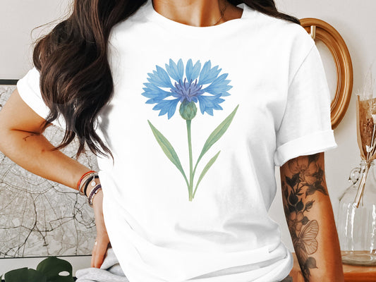 Beautiful Blue Cornflower Design on White Shirt product type
