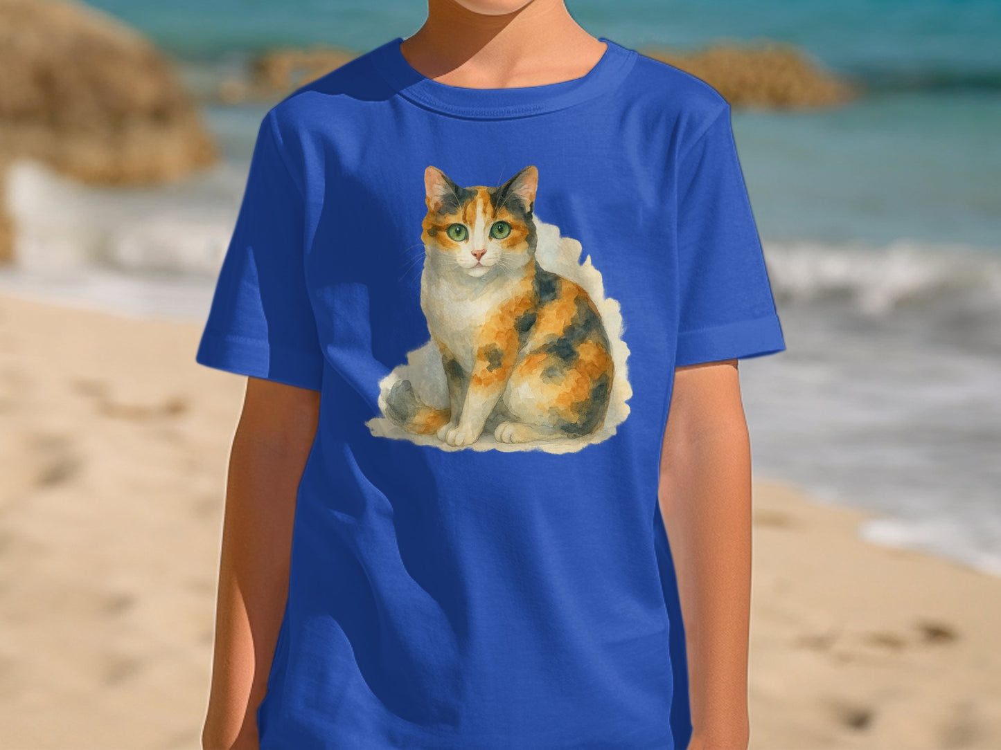 Calico Cat Print on Royal Blue T-Shirt Product