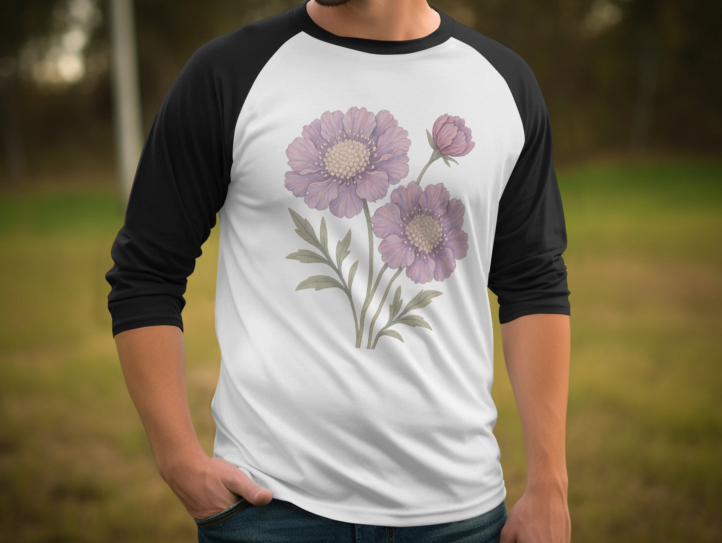 Floral Baseball Tee with Purple Blossom Design product type