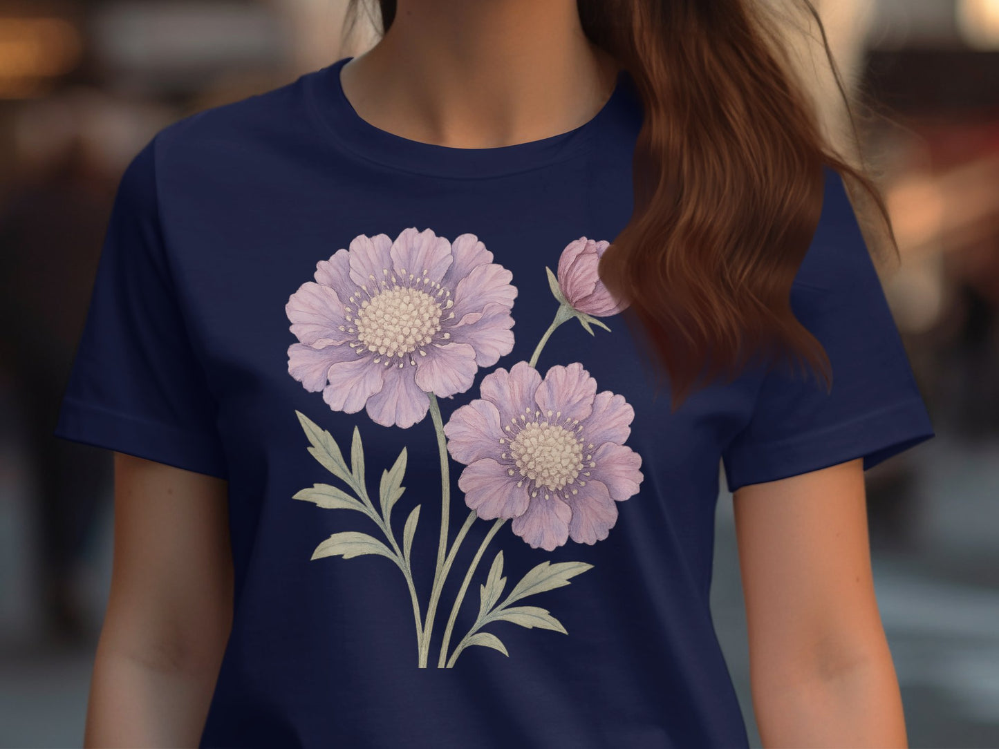 Beautiful Purple Floral Design on Navy Blue T-shirt