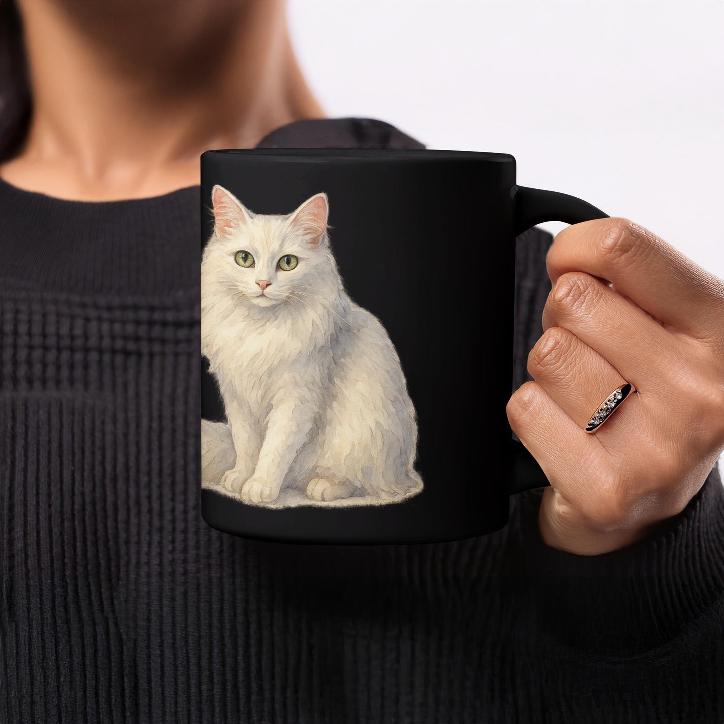 Charming White Cat Print Black Ceramic Mug product